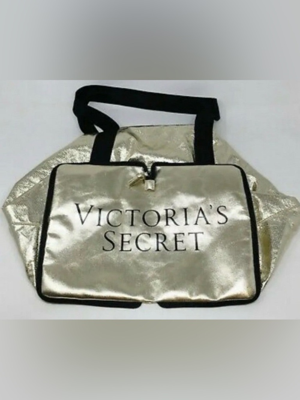 Victoria's Secret Metallic Gold Tote with Black Handles